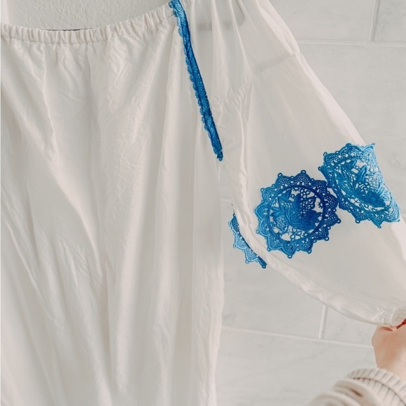 Line + Dot Boho White Beach Cover-Up Blue Embroidery Tassel Tie XS - Picture 14 of 15